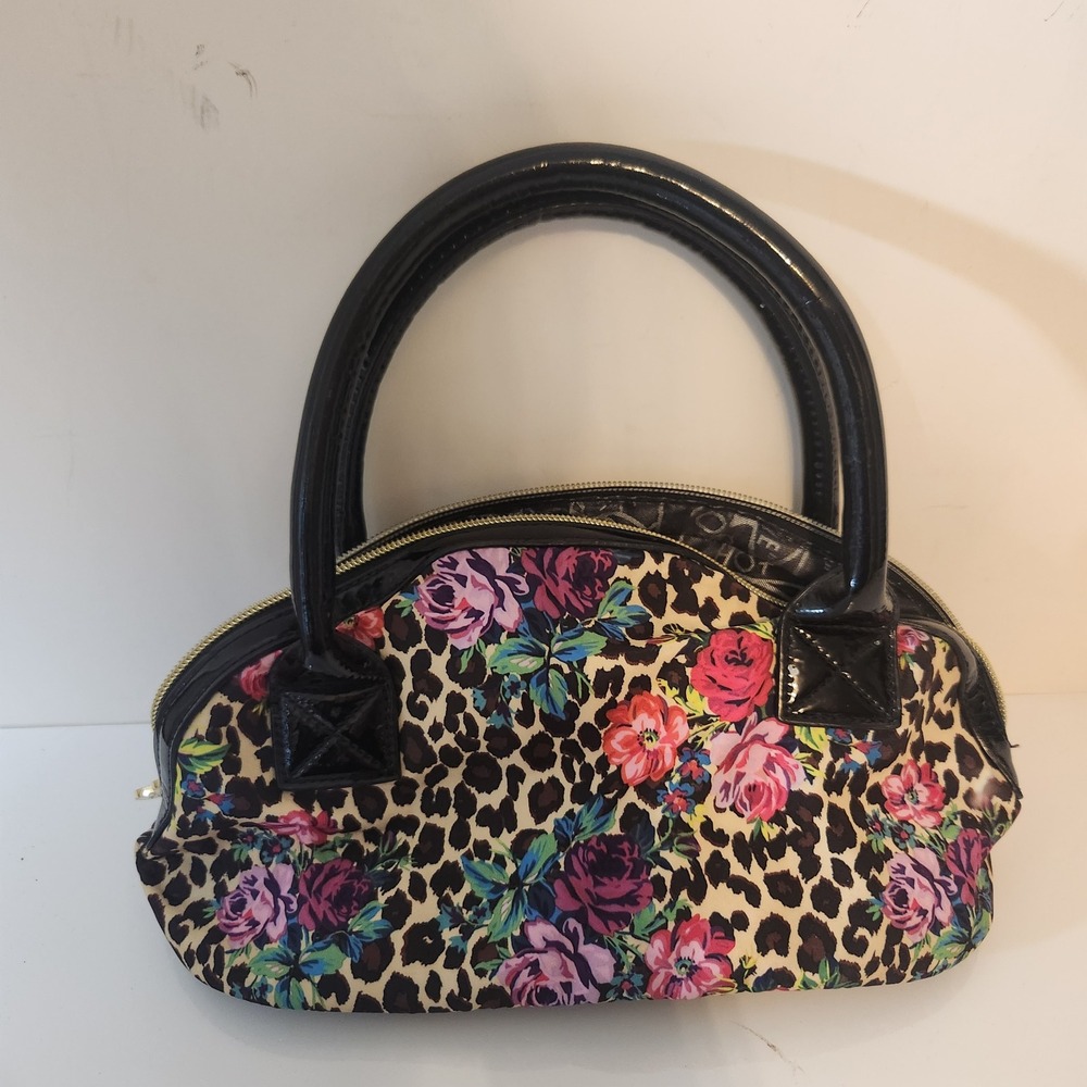 Betsey Johnson Leopard Floral Rose Dome Satchel Handbag Black Patent Trim - Picture 2 of 8
